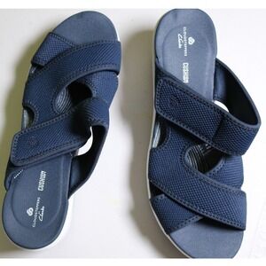 NEW Clarks Cloudsteppers Step Cali Reef Sz 10 Navy Wedge Sandal Comfort Walking
